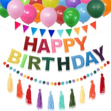 Imagem de Taimimy Conjunto de faixa de feliz aniversário, placa 3D de feltro reutilizável pré-amarrada, guirlanda de pompom, guirlanda de borla, bandeiras e balão para decorações de festa de aniversário para