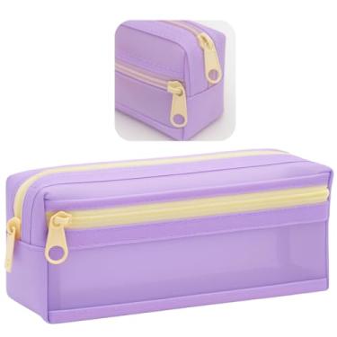 Imagem de Estojo Escolar 2 Divisoria de Nylon Grande Transparente Organizador Material Lápis Caneta Borracha Papelaria Fofa Compartimento Fecho Metalico Volta as Aulas Box Necessaire Menino Menina (Lilás)