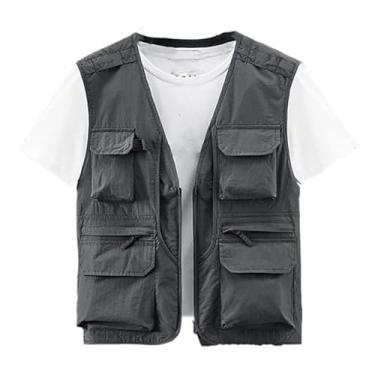 Imagem de Colete De Pesca Verão Para Homem, Colete Cargo Leve Sem Mangas Com Fecho E Malha Respirável Com Vários Bolsos Para Homem, Acampamento Prova Vento Impermeável Fecho, Para Caminhadas(Gray,M)