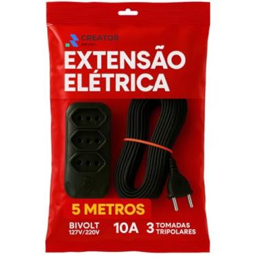 Imagem de Extensão Elétrica Tripolar, 3 Tomadas, Bivolt 127V/220V, 10A, (5 Metros) Cabo PP, Uso Residencial e Comercial, Disponível nos Tamanhos 2, 3, 5, 10 Metros
