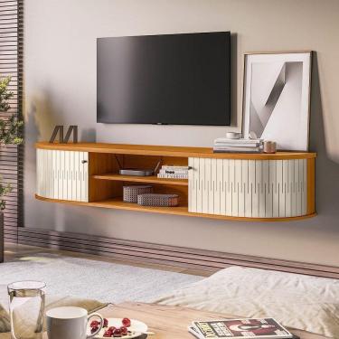 Imagem de Rack Tv 75 Pol 183cm Bancada Suspenso Ripado Aurenzo Cinamomo-off White M20 - D`rossi