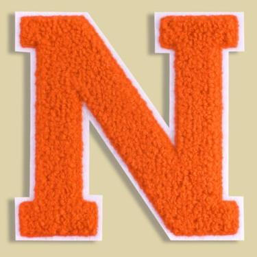 Imagem de QianSiLi Adesivos de letras universitárias de chenille laranja de 11 cm, letras grandes para jaquetas Letterman, moletons com capuz, mochilas, coletes, roupas, adesivos individuais de letra N