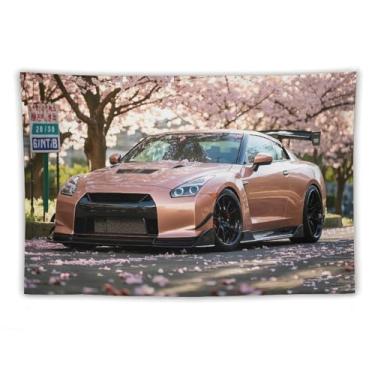 Imagem de HouLaiZhe JDM Tapeçaria de carro R35 flores de cerejeira carro Jdm esportes pendurar na parede quarto decoração de casa tapeçarias estética piquenique decoração de parede arte de parede para
