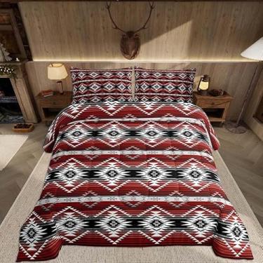 Imagem de Feelyou Conjunto de edredom ocidental tamanho queen asteca do sudoeste para crianças, meninos, meninas, geométrico, vintage, boêmio, tribal, rústico, decoração de quarto, vermelho, cinza, preto, 3