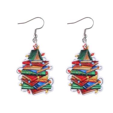 Imagem de Brincos pendentes de árvore de Natal de madeira/acrílico, brincos de árvore de Natal coloridos com glitter, exclusivos, livros, formato de árvore de Natal, brincos de gancho, presentes de Natal,