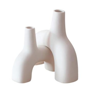 Imagem de FLCPJGV 2x Vaso moderno Vaso decorativo Presentes de aniversário Arranjo de flores Vaso de flores de cerâmica para prateleira Lareira Sala de estar Café, Branco