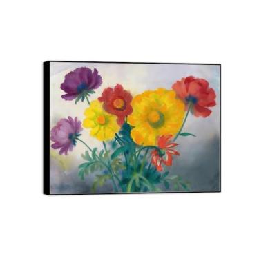 Imagem de BMZFYBS Pintura de arte de parede de flores - imagem de decoração vintage - flores vermelhas azuis amarelas 2 - impressões em tela de moldura preta para sala de estar 50 x 65 cm 20 x 26 pol