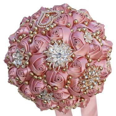 Imagem de TUAGYMKR Buquê de casamento para noiva, dama de honra, casamento, quinze anos, ramo de flores artificiais de rosas com broche brilhante (07G, rosa escuro, mini (diâmetro 6,3"/16 cm))
