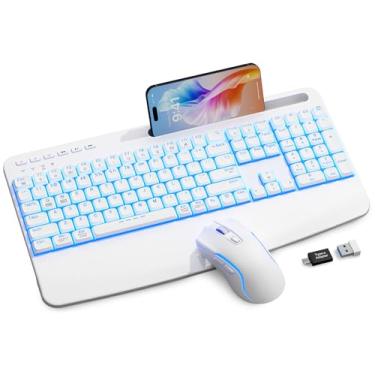 Imagem de Combo branco de teclado e mouse sem fio, 4000 mAh, teclado silencioso recarregável, teclado ergonômico USB com descanso de pulso e suporte de telefone para PC, Mac, Windows, digitação suave natural
