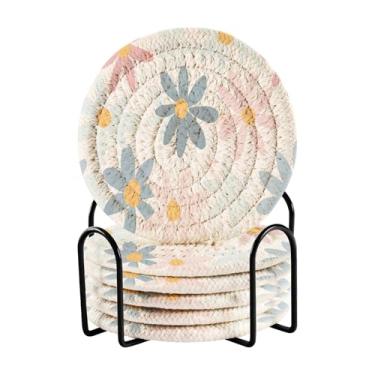 Imagem de Qilmy Conjunto de 6 peças para copos de margaridas coloridas bonitas ou porta-copos de bar para bebidas, porta-copos de fazenda ou porta-copos de mesa rústicos, porta-copos modernos de algodão para o