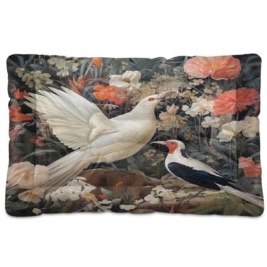 Imagem de Wassud Cama de cachorro com corações desenhados à mão com pássaros e flores brancas, camas grandes para cães, tapete lavável para animais de estimação, cama de gato para dormir, viagens, 45 x 61 cm