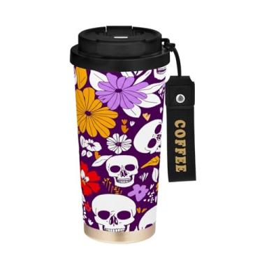 Imagem de STAYTOP Copo de café de aço inoxidável de 500 ml, caneca de café de viagem com isolamento de caveira fofa com tampa, xícara de café à prova de derramamento, copos portáteis reutilizáveis para bebidas