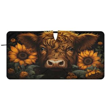 Imagem de CEBUGI Para-brisa de carro dobrável Sombra de sol highland gado e girassóis persianas de janela de carro guarda-chuva pára-brisa frontal para acessórios de carro bloqueador solar refletivo de carro