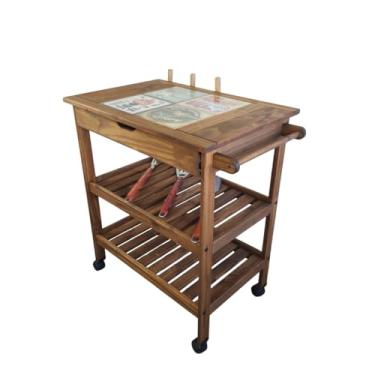 Imagem de Carrinho de Churrasco Gourmet em Madeira Pinus Mesa Retangular com Rodízios Imbuia 90x76x52cm com Gaveta e Prateleiras Gradeadas Suporte para Espetos (Tampo com cerâmica)