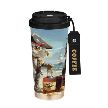 Imagem de YETTASBIN Caneca de café com isolamento térmico Funny Cat de 500 ml com tampa canudo, copo à prova de derramamento e vazamento com alça para bebida quente e fria, garrafa de água de aço inoxidável