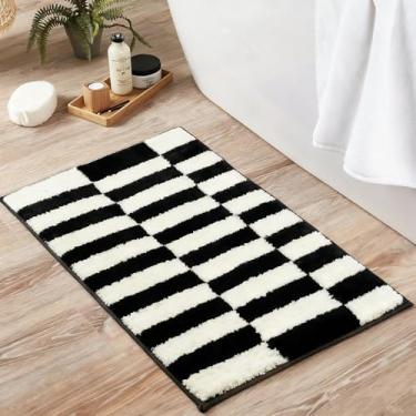 Imagem de CoCreo Tapete de banheiro 51 x 81 cm, preto e creme listrado tapete de banho de microfibra extra macio antiderrapante absorvente felpudo moderno lavável na máquina, capacho de secagem rápida para