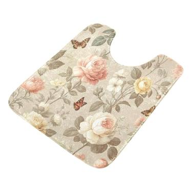 Imagem de Burbuja Tapete de banheiro floral vintage, tapete de banho absorvente de pelúcia macio, base antiderrapante para piso de banheiro, oval em forma de U