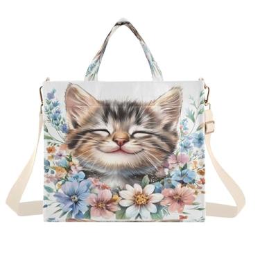 Imagem de Burbuja Sacola feminina Cat Smile de veludo cotelê, bolsa tiracolo para compras, trabalho, viagem, P, B98, Small