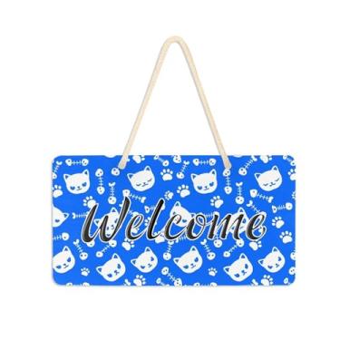 Imagem de Burbuja Placa de boas-vindas Cat on Blue para porta da frente, placa de boas-vindas de PVC para decoração de férias, 15 x 28 cm