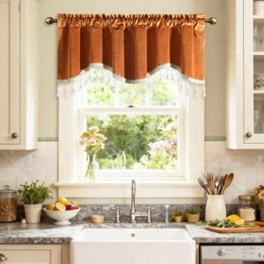 Imagem de Leeva Saia de veludo laranja para janelas, cortina de cozinha ondulada de cor sólida com borlas de contas, topo de janela de luxo com bolso para varão para quarto, sala de estar, sala de jantar, 132 x