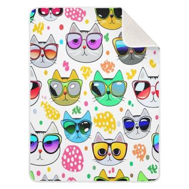 Imagem de Burbuja Cobertor de bebê com rostos de gato com desenhos animados usando óculos de sol para meninos e meninas, cobertor de bebê macio e quente para berçário, cobertor infantil de 76 x 101 cm