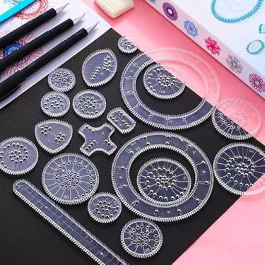 Imagem de Kit de arte de desenho em espiral de 28 peças, conjunto de réguas geométricas com engrenagens, canetas e papel, crie padrões, brinquedo criativo e presente de artesanato para crianças e adultos