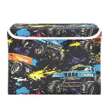 Imagem de CEBUGI Caixas de armazenamento com tampas caixa de armazenamento de tecido dobrável Monster Trucks compartimentos organizadores de cubo para armário de casa prateleiras de quarto 40 x 30 x 30 cm
