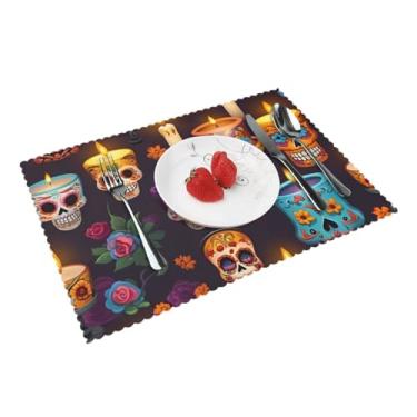 Imagem de Jogo americano de mesa de jantar requintado com estampa de caveira e velas, tapetes laváveis antiderrapantes, cozinha, decoração de casa