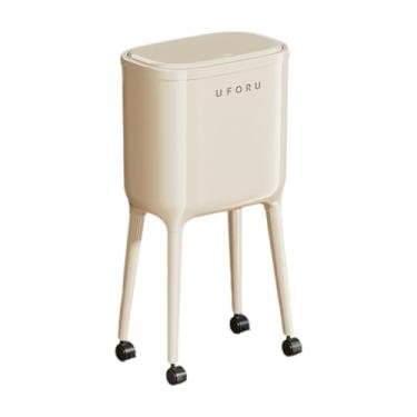 Imagem de MotiveTech Lixeira de pressão com rodas, balde de papel multifuncional com tampa, cesto de lixo para quarto e sala de estar, Branco