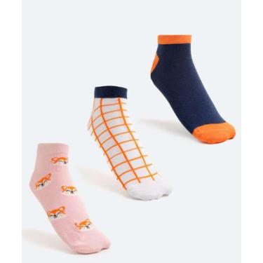 Imagem de Kit 3 Pares Meias Soquete Feminina Estampadas Marisa-91755, 34/39, Ros