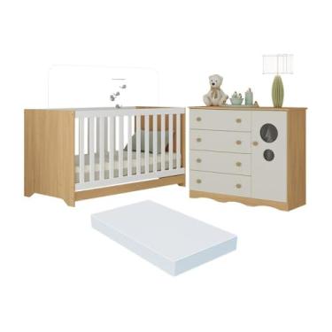 Imagem de Berço Americano 3 em 1 com Colchão Incluso e Cômoda 1 Porta 4 Gavetas Sonho Multimóveis Mp4717 Madeirado/off White