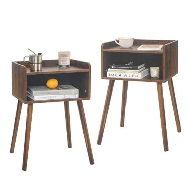Imagem de MaxSmeo Conjunto de 2 mesas de cabeceira modernas de meados do século com armazenamento, mesa de cabeceira pequena com pernas de madeira maciça para sala de estar, escritório, espaços pequenos (marrom