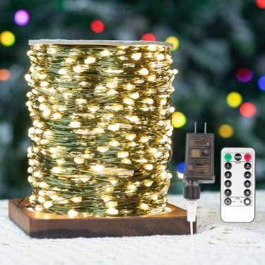 Imagem de ZELUXDOT Cordão de luzes de corda de fadas de 3 m, fios de cobre verdes, para uso externo/interno, impermeável, com controle remoto para árvore de Natal, pátio, jardins, quintal, planta... 300 LEDs
