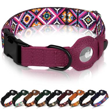 Imagem de Coleira para cães AirTag com fivela de metal - Coleira de couro macio de nylon impresso com suporte Apple AirTag - Coleiras de rastreamento seguro para animais de estimação para meninas e meninos