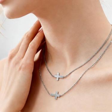 Imagem de Colar de cruz feminino, banhado a ouro prata 14K, pingente de cruz minúsculo, simples, moderno, fofo, religioso, presente para mãe, amigos, esposa, avó, colar cristão delicado, Medium, Metal, Sem