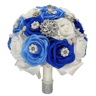 Imagem de Perfectlifeoh Buquê de noiva – Arranjo de flores rosas de seda artificial de pérola de cristal para noiva (azul)