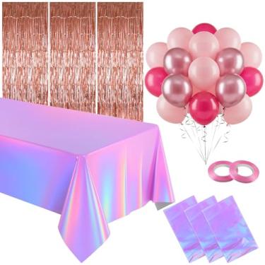 Imagem de Oudain 56 peças de decorações de festa rosa choque para meninas e mulheres toalhas de mesa de plástico a laser descartáveis para mulheres e meninas