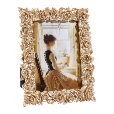 Imagem de NBEADS Moldura vintage de resina para fotos de 21 x 15 cm, moldura dourada de resina retrô para parede ou mesa, decoração de casa antiga com entalhes, retangular