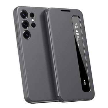 Imagem de LTLMYDAM Capa de couro para Samsung Galaxy S25 Ultra/S25 Plus/S25, Smart Wake Flip View Business Case Capa de proteção de lente de janela lateral, cinza, S25 Plus