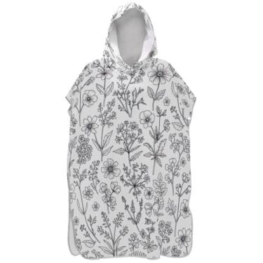 Imagem de Joisal Wildflowers Botanical Black White Surf Poncho Trocador Adulto Com Capuz Toalha de Praia Estampado Plus Size Poncho Masculino com Capuz