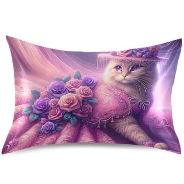 Imagem de Capa de almofada divertida de cetim rosa gato gatinho refrescante capa de travesseiro padrão king queen arte fofa almofada de cama macia confortável, tamanho Queen, 76 cm x 50 cm