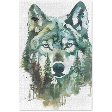 Imagem de Quebra-cabeça de 1000 peças em aquarela de lobo para adultos, quebra-cabeça rígido engraçado com desenho animado, 75 x 40 cm