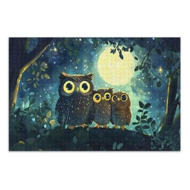Imagem de Corujas floresta noite quebra-cabeça azul com letras na parte de trás 1000 peças