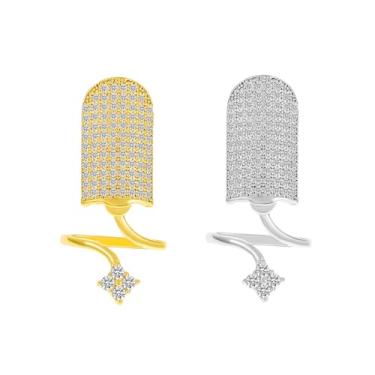 Imagem de MYANAIL Conjunto de anéis de unha de zircão 2 peças com tampa de dedo ajustável para mulheres strass metal anel de junta joia, Metal, Zircônia cúbica