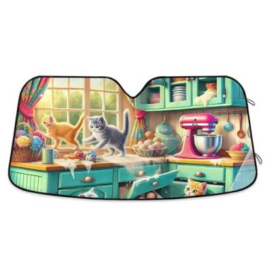 Imagem de Guarda-sol engraçado gato cozinha caos carro para para-brisa bonito caminhão dobrável pára-brisas automotivo proteção solar retrátil S, 134,6 cm x 59,7 cm