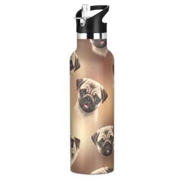Imagem de Joisal Cute Pug Puppies Garrafa de água infantil marrom com tampa de palha, garrafas de água isoladas de aço inoxidável à prova de vazamento, copos infantis livres de BPA para escola, viagens