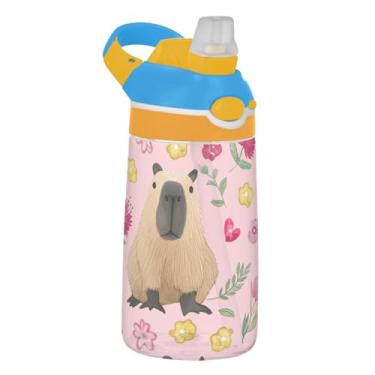 Imagem de Linda garrafa de água infantil rosa com flores capivaras para escola, 473 ml 473 ml Garrafa de água esportiva Tritan com canudo, copo de viagem portátil reutilizável para crianças, alça de transporte