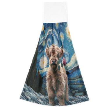 Imagem de Joisal Toalhas de mão Highland Cow Starry Night Fall com laços para pendurar no forno conjunto de 2 toalhas de cozinha modernas ultra absorventes, 46 x 35 cm