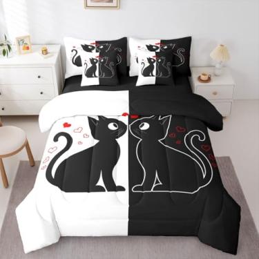 Imagem de Conjunto de edredom queen com gato preto fofo (preto e branco) | Jogo de cama com gatos românticos para o dia dos namorados, 7 peças, conjunto de edredom kawaii com coração vermelho