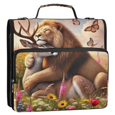 Imagem de Fichário de leão floral fofo organizador com zíper 3 fichários de anel D de 3 polegadas com alça bolsa escolar estojo portfólio de armazenamento com alça